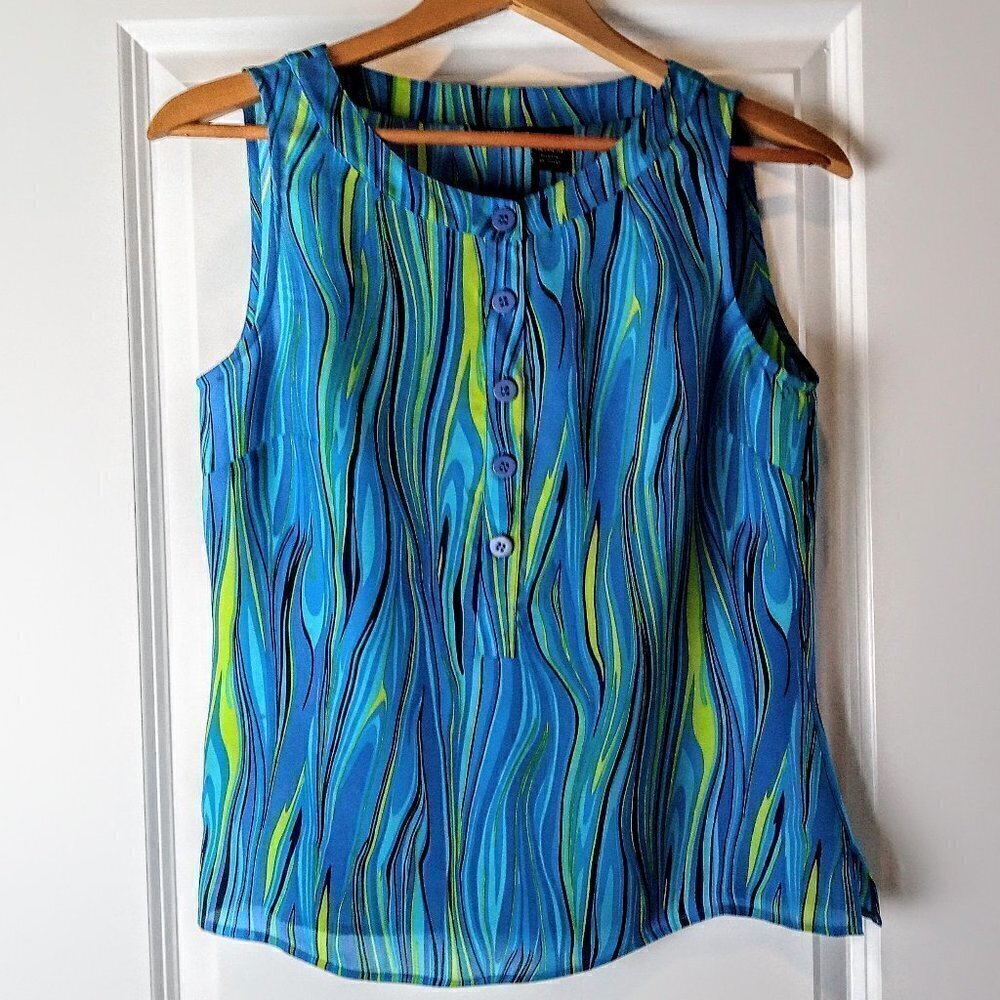 Sandra Blue Pure Silk Button-Front Sleeveless Top